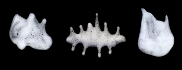 Set 3 pcs of white soapy foam texture. Shampoo foam with bubbles.White facial foam creamy bubble soap sponge isolated on black background.