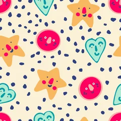 Fotobehang Baby seamless vector pattern. Cute, colored stars, hearts, circles . Kids texture for fabric, textile, clothing, wrapping paper, wallpaper. Vector illustration in pastel, retro colors. © Татьяна Горбатюк