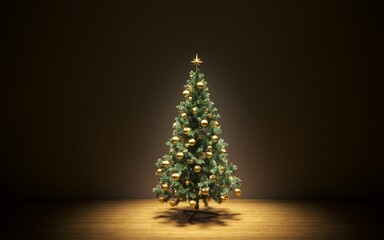 christmas tree with colorful balls. gray wall background with a lot of copy space for text. Holiday background. New Year. 3D illustration, cg render