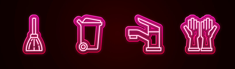 Set line Handle broom, Trash can, Water tap and Rubber gloves. Glowing neon icon. Vector