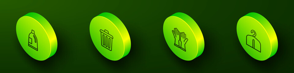 Set Isometric line Bottle for cleaning agent, Trash can, Rubber gloves and Hanger wardrobe icon. Vector