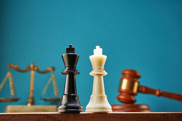 two kings chess piece ,lgavel hammer and libra scale