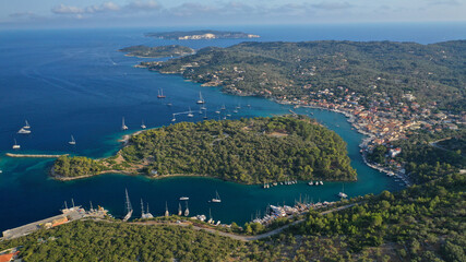 Aerial drone photo of iconic port of Gaios a natural fjord bay ideal for safe anchorage in island...