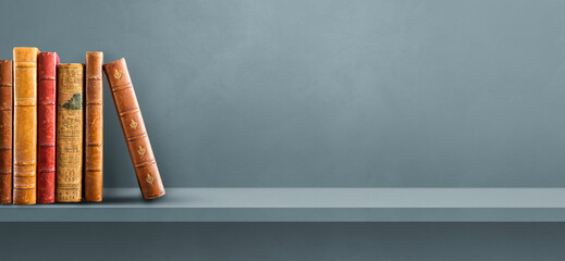 Row of old books on grey shelf. Background banner