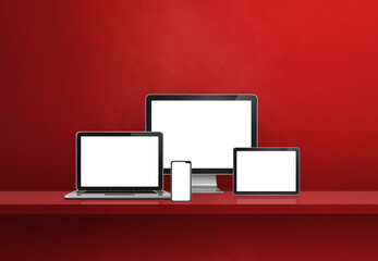 Computer, laptop, mobile phone and digital tablet pc. red shelf banner