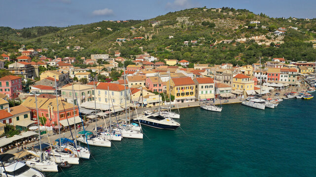 Aerial drone photo of iconic port of Gaios a natural fjord bay ideal for safe anchorage in island of Paxos, Ionian, Greece