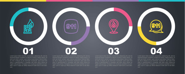 Set line Fire in burning building, Emergency call 911, Location with fire flame and . Business infographic template. Vector