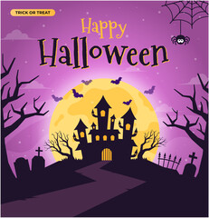 Halloween night background, Happy Halloween banner or party invitation. Scary castle on graveyard. Full Moon Night in Spooky Forest. Spiders web and flying bats. Place for text. vector illustration.