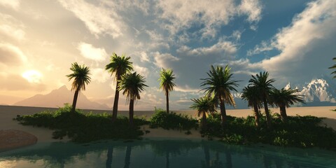 Fototapeta na wymiar palm trees on the shore, oasis in the desert, beach with palm trees, sunset over palm trees, 3D rendering