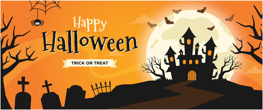 Halloween night background, Happy Halloween banner or party invitation. Scary castle on graveyard. Full Moon Night in Spooky Forest. Spiders web and flying bats. Place for text. vector illustration.