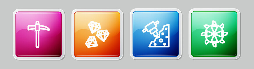 Obraz premium Set line Pickaxe, Gem stone, Construction jackhammer and Bucket wheel excavator. Colorful square button. Vector