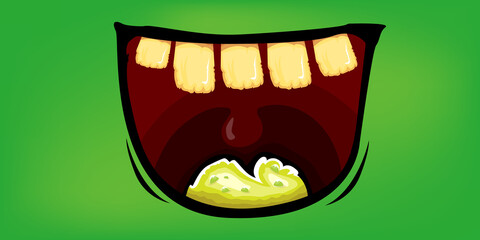 Vector cartoon funny zombie monster mouth with rotten teeth isolated on green background. Vector happy Halloween kids t-shirt design template with funky monster mouth