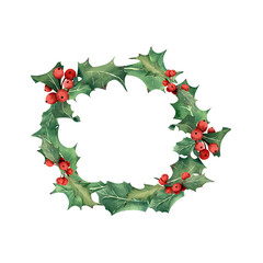 Naklejka na ściany i meble Watercolor holly berries wreath. Christmas plant illustration for winter greeting cards, templates, decorations
