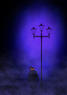 jack lantern in a raincoat near a street lamp in a mystical fog