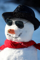 Snowman close-up with hat, sunglasses, scarf.