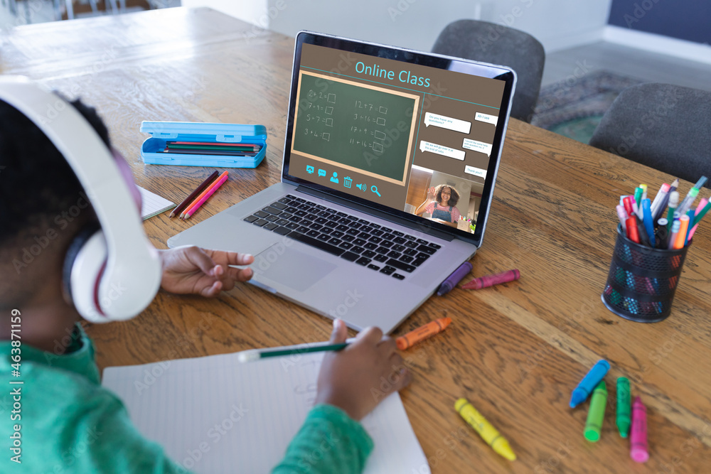 Poster African american boy using laptop for video call, with class on screen