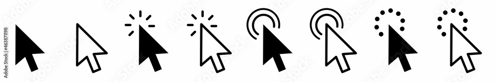 Poster Computer mouse click cursor gray arrow icons set and loading icons. Set of Hand Cursor icons click and Cursor icons click. Vector illustration.