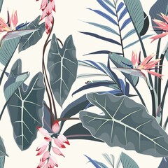Floral seamless pattern, Alocasia  plant, blue palm leaves, strelitzia flowers on white background.