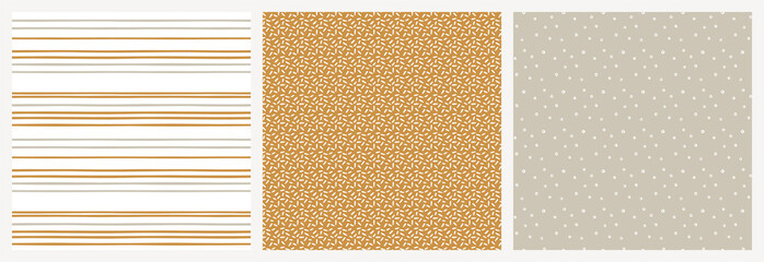 Neutral earthy colours minimalist seamless pattern set. Khaki beige, taupe, white, pastel ochre repeat backgrounds with stripes and abstract marks.