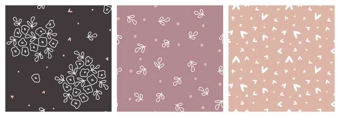 Neutral pastel floral seamless pattern for girl's clothing or fabric print. Hand-drawn flowers on brown background with hearts, tiny leaves and spot coordinating repeat designs set.
