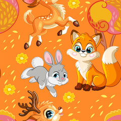 Vector seamless pattern with deer, fox, rabbit