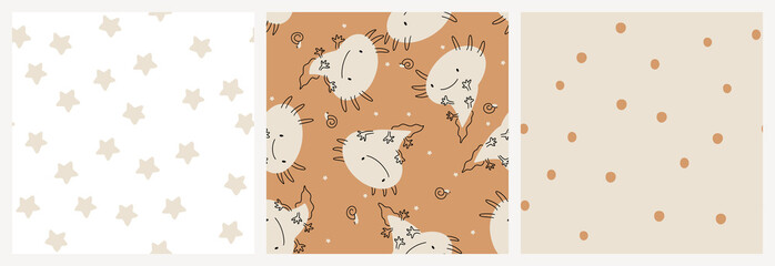 Axolotl gender neutral kids seamless pattern in warm pastel colours. 