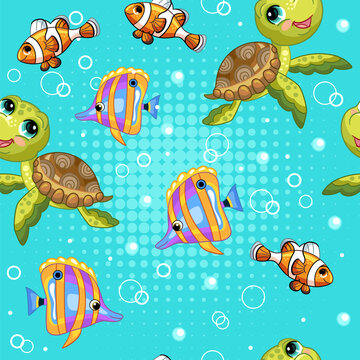Seamless vector pattern with turtle and tropical fishes