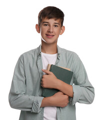 Fototapeta na wymiar Teenage student holding books on white background