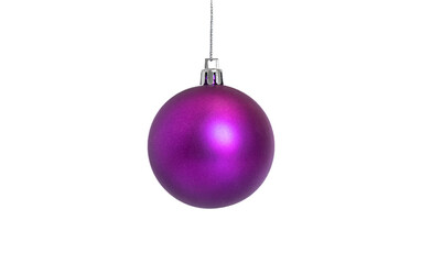 purple christmas bauble hangs on a rope isolated on a white background