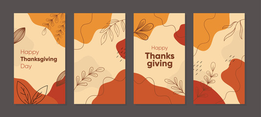 Thanksgiving day design for story, banner, brochure, greeting card, and social media post. Set of abstract creative artistic templates for autumn season.