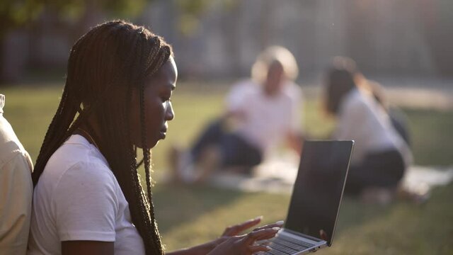 Couple of diverse college students, young african american female and caucasian male, working on laptops while sitting back to back on green grass of campus lawn apart from their chatting classmates