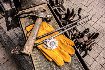 Blacksmith vintage tool kit near the anvil