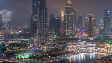 Aerial view of Dubai city night timelapse in downtown.
