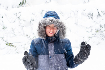 Portrait of a child standing in the snow. The child is wearing winter coat and hood over his head and black gloves.