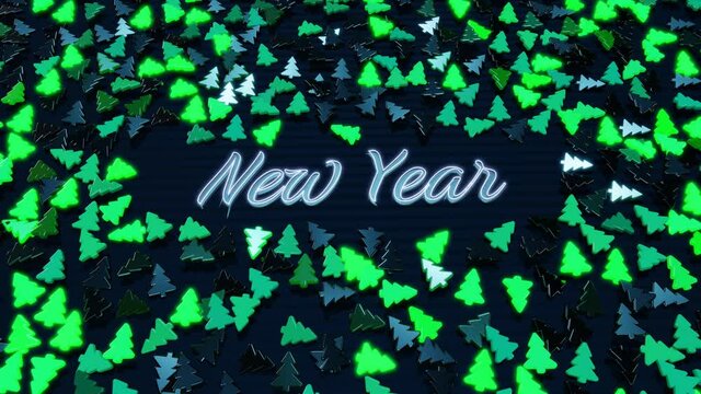 3D New Year's looped background with inscription New Year and garland, light bulbs like Christmas tree scattered on plane light up, form beautiful pattern. Waves of shimmer of color and neon light.