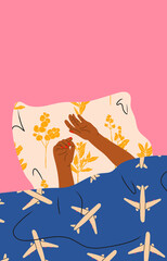 Hands of the girl under the blanket. Person sleeping under soft cozy blanket in bed at home, top view. Morning in bed, coziness, relaxation concept. Hand drawn modern Vector illustration