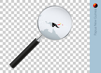 Papua New Guinea map with flag in magnifying glass on transparent background.