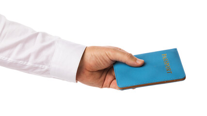 Man hand holds passport isolated on white background, template for designers