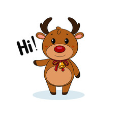A cartoon children character.Santa Claus ' Christmas reindeer.An elk deer sled with a red nose horns and hooves with a red ribbon and a bell Greeting waving a paw.Winter holiday.New Year Symbol Vector