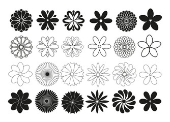 set of radial flowers, thin black lines on a white background, collection of vector design elements