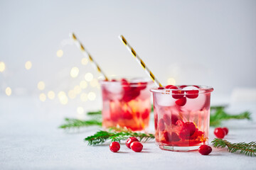 Alcoholic cocktail or non-alcoholic mocktail with vodka and iced cranberries with fir branches and...