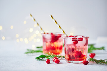 Alcoholic cocktail or non-alcoholic mocktail with vodka and iced cranberries with fir branches and glowing garland for christmas