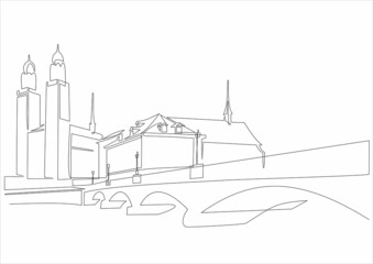 Beautiful view of the historic center of Zurich with the famous church.Switzerland.Continuous line drawing.