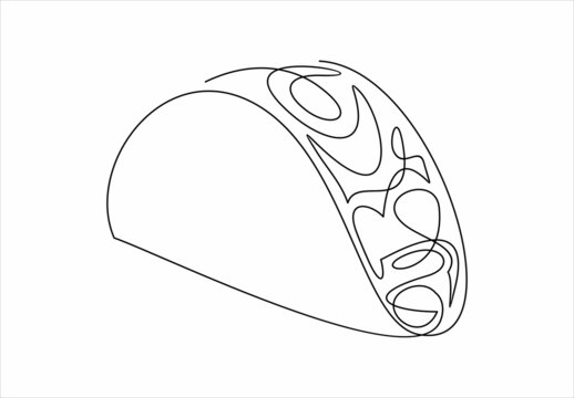 continuous single drawn one line taco hand-drawn picture silhouette. Mexican food tacos