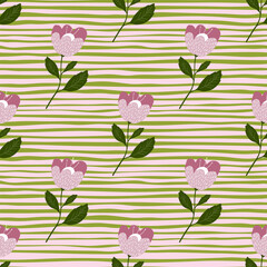 Geometric doodle pink flowers seamless pattern on stripe background.