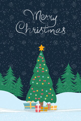 Greeting card with a Christmas tree and gift boxes. With the inscription Merry Christmas.