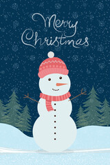 Christmas card with a cute snowman and the inscription Merry Christmas.