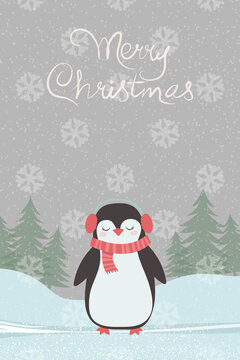 Christmas greeting card with a cute penguin and the inscription Merry Christmas.
