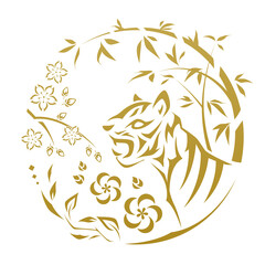 寅の五行_木気をイメージしたトライバル風の背景_虎_丸_ゴールド