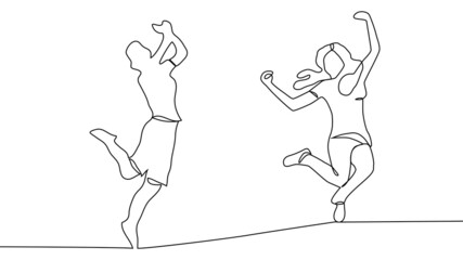 Fototapeta premium continuous line drawing of four jumping happy team members